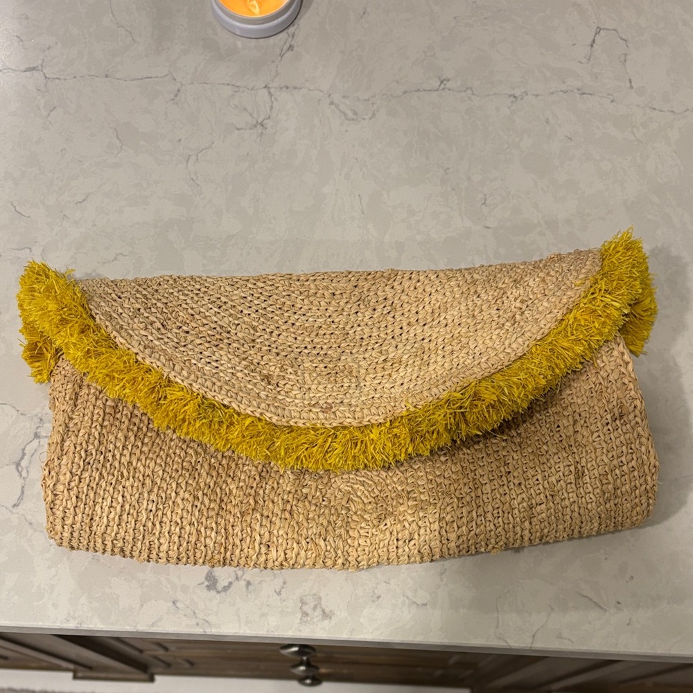 Tommy Bahama Tan Straw Clutch with Yellow Fringe